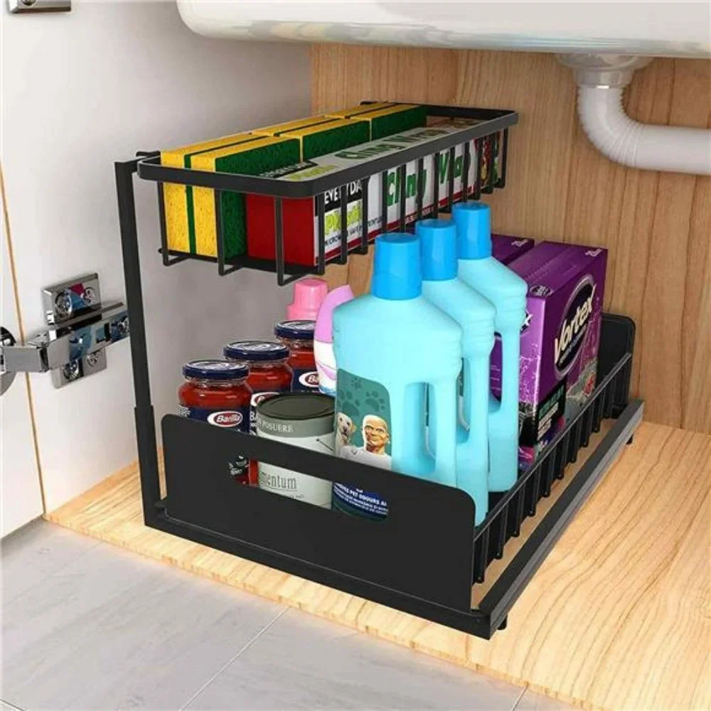 Under Sink Organizers and Storage with Sliding Storage Drawer, 2-Tier  Black